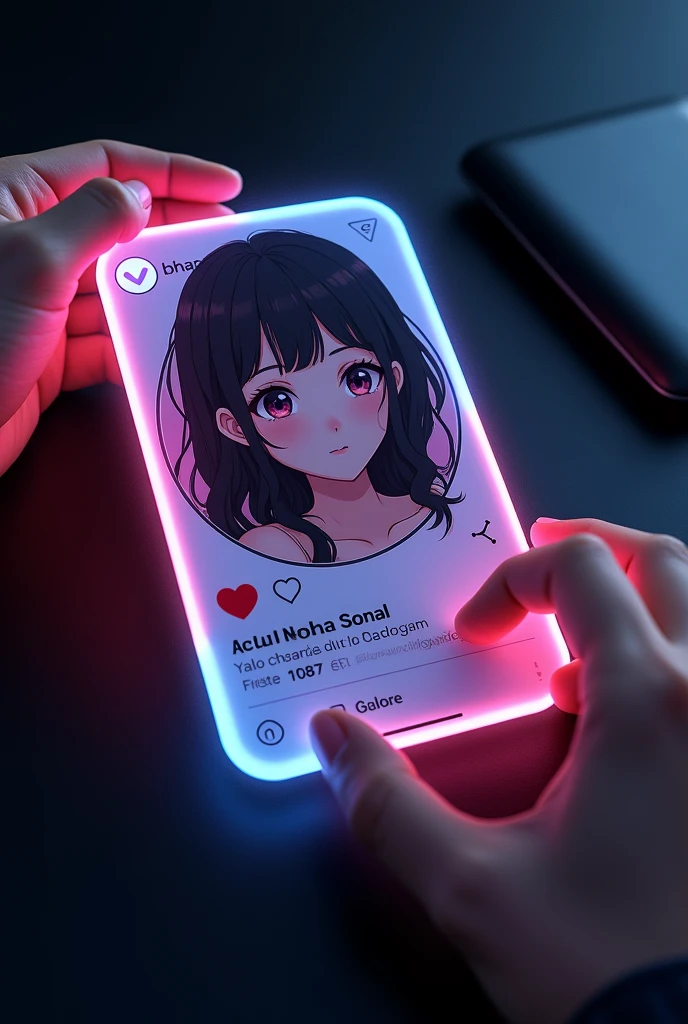 Create a Instagram profile on glass I'd card on a black desk displaying Instagram logo and realistic photo of a adult anime girl in circle and " Neha Sonal " is written in bold fonts under the profile photo and 1087 Followers written, the Instagram card glowing in pink and blue colour on the edge , One corner is held with two fingers in english language