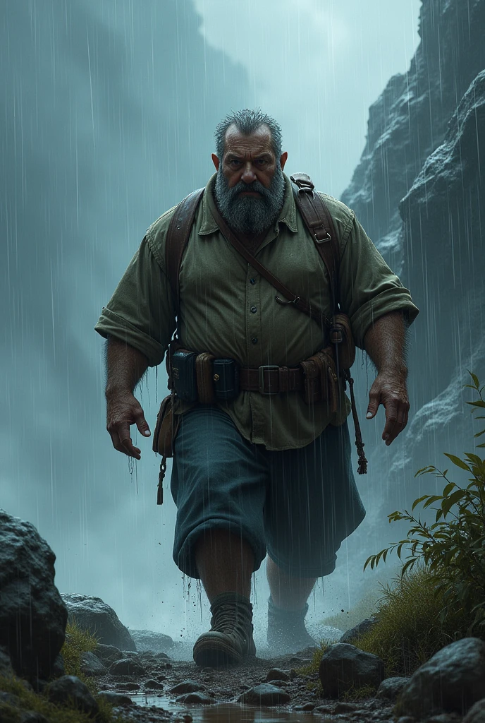 The fat man trudged up the mountain amidst a heavy downpour, with thunderclaps and strong winds.