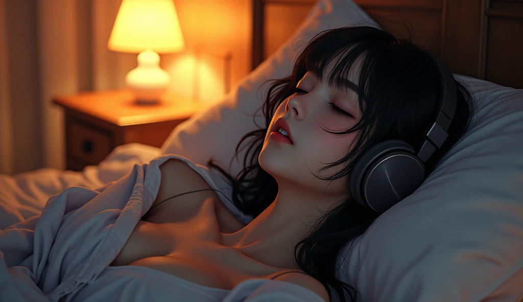 a girl lying in bed in a cozy room, listening to music at night, wearing headphones, 2D anime style, lo-fi, detailed background, cinematic lighting, soft colors, fine details, ( close your eyes), big breasts, wearing a revealing shirt, beautifully detailed lips, extremely detailed face, elegant posture, warm atmosphere, glowing table lamp, vintage aesthetic, detailed ears Beautiful details, realistic textures, detailed shadows, outstanding highlight details, vivid colors, dreamlike mood, optics, (best quality, 8k, high resolution, masterpiece: 1.2) , super detailed, (realistic, optical, photo-realistic :1.37)