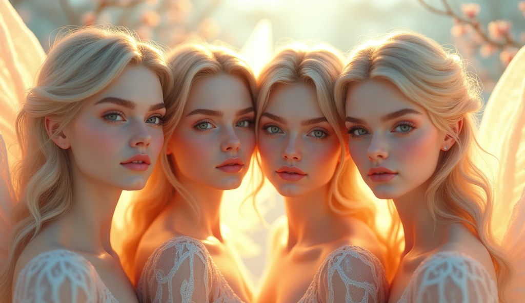 beautiful detailed eyes, beautiful detailed lips, extremely detailed eyes and face, long eyelashes, 4 angelic sisters, Celeste, Celestine, Celestina, Celestia, graceful pose, flowing hair, ethereal beauty, glowing aura, ornate wings, celestial lighting, pastel colors, soft lighting, dreamlike atmosphere, intricate details, masterpiece, (best quality,4k,8k,highres,masterpiece:1.2),ultra-detailed,(realistic,photorealistic,photo-realistic:1.37)