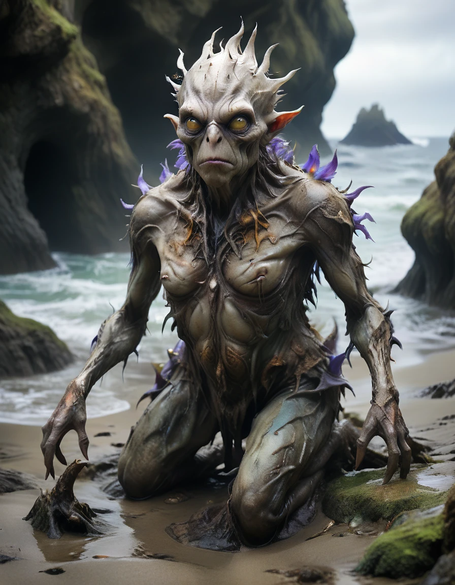 Famous works of art (Julie Barrow:1.3) and (Brian Froud:1.2) and (ArtJam:1.2) and (Gwaiz:1.2), Extremely short hair、The top of the head is widely bald in a circle、The intertidal zone of Clinkbubbling in the vast ocean of Planet Kraken Home Tertius, small, Organisms with spiny shells (Jewel-like colorful irises:1.6), Chrome honking guard, Explore otherworldly tide pools, Puffling Danfizel hunting
RAW photo, Realistic texture, Very detailed, Absurd, Sharp focus,  Volumetric lighting, Subsurface scattering realistic skin, (Natural Skin:1), (Skin Details, Skin Texture:1.1), (Skin pores:1), (Skin imperfections:0.3), 
