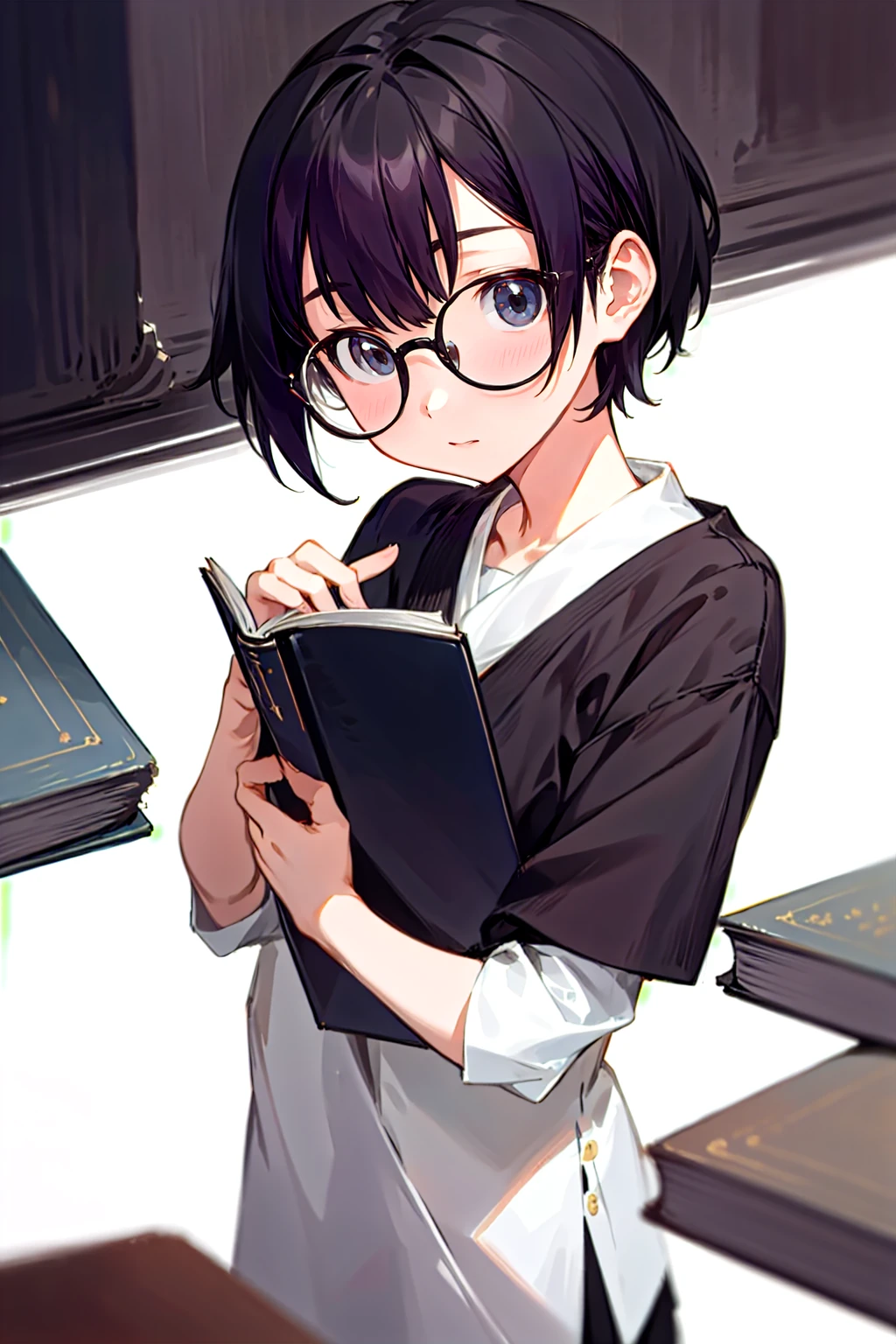 1girl,solo,cute,megane,black short hair,gray eyes,read a book,