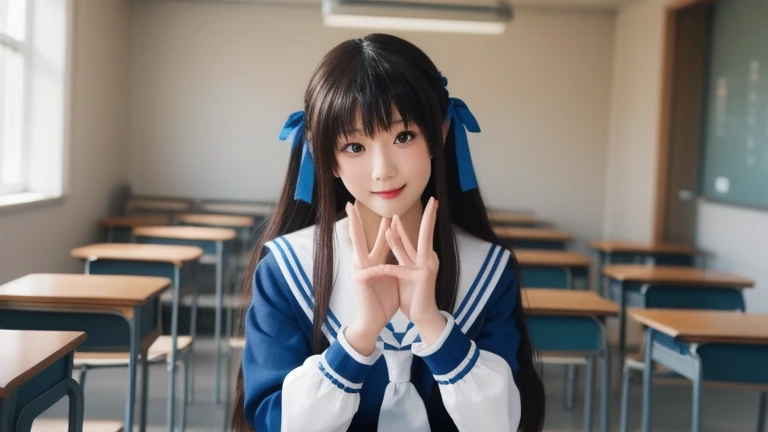 Very detailed,Very detailed,Highest quality,masterpiece,figure,Tōru Honda, One person, alone, Cosplay, school uniform, Hair Ribbon,Blue Seraph, Long sleeve, Pleated skirt,White sailor collar, Long Hair, Side Lock, Photo Background, indoor, View your viewers, Upper Body, ,Perfect body、(((1 female)))、(((Beautiful and accurate five fingers))) 