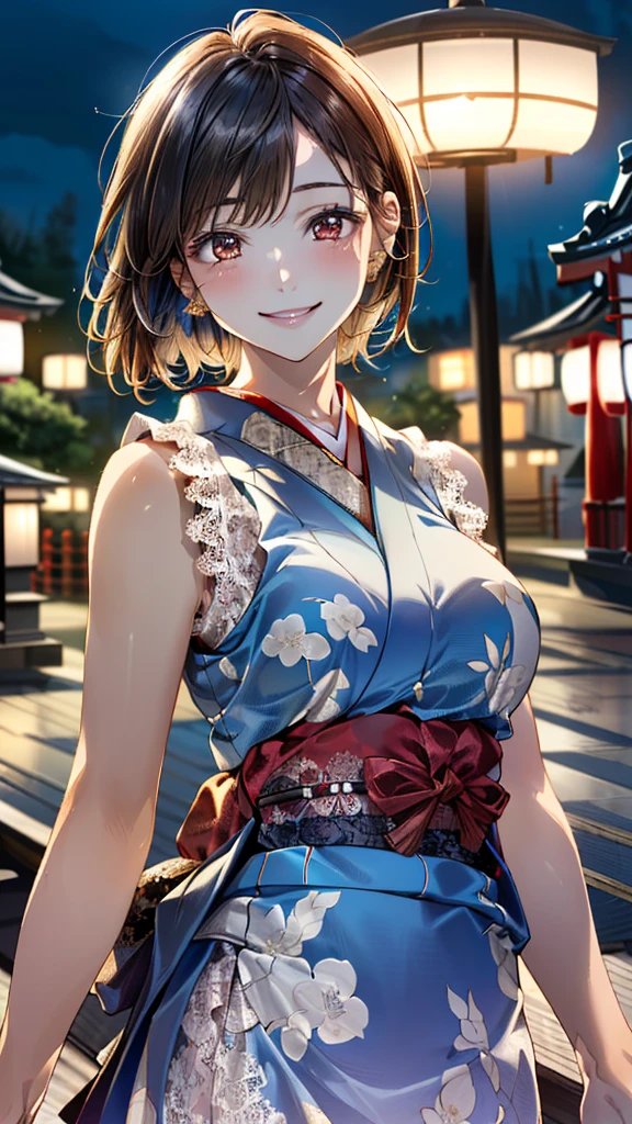 One Girl, (Sleeveless, Lace dress:1.6),(RAW Photos, Highest quality:1.4), (Realistic, photo-Realistic:1.4), masterpiece, Very delicate and beautiful, Very detailed, 2k wallpaper, wonderful, In detail, Very detailed CG unity 8k wallpaper, Very detailedな, High resolution, Soft Light, Beautiful detailed, Very detailed eyes and face, Beautiful and detailed nose, Beautiful attention to detail,Cinema Lighting,(Blurred,Bokeh Background:1.6),(city, night:2.0),Perfect Anatomy,(Slender body:1.0),(Face close-up,Focus Face:1.6),(Smiling Kindly,Friendly, warm:1.8),(View your audience:1.8), (short hair:1.6), (Japanese Idols:1.8), (Brown eyes:1.4),(Are standing:1.6),(Cleavage:0.8),