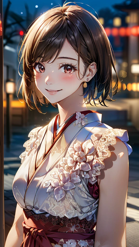 One Girl, (Sleeveless, Lace dress:1.6),(RAW Photos, Highest quality:1.4), (Realistic, photo-Realistic:1.4), masterpiece, Very delicate and beautiful, Very detailed, 2k wallpaper, wonderful, In detail, Very detailed CG unity 8k wallpaper, Very detailedな, High resolution, Soft Light, Beautiful detailed, Very detailed eyes and face, Beautiful and detailed nose, Beautiful attention to detail,Cinema Lighting,(Blurred,Bokeh Background:1.6),(city, night:2.0),Perfect Anatomy,(Slender body:1.0),(Face close-up,Focus Face:1.6),(Smiling Kindly,Friendly, warm:1.8),(View your audience:1.8), (short hair:1.6), (Japanese Idols:1.8), (Brown eyes:1.4),(Are standing:1.6),(Cleavage:0.8),