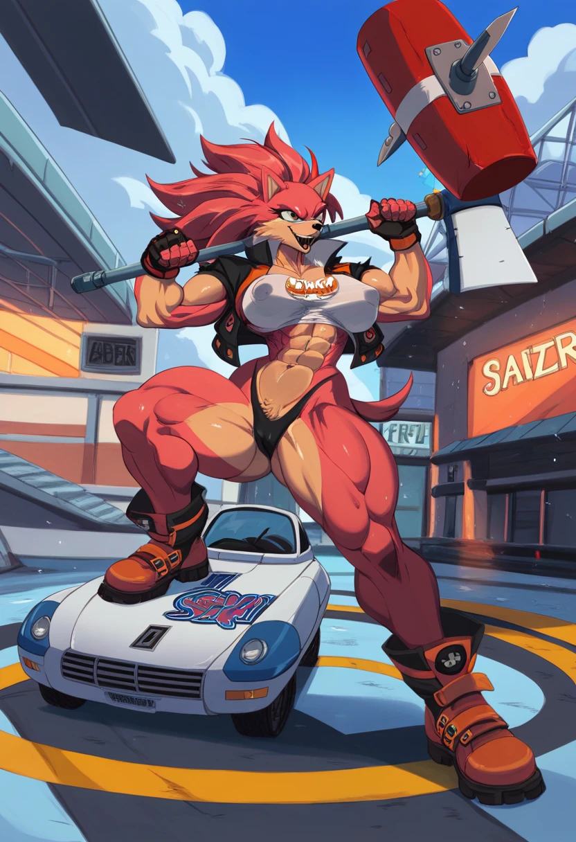 a anthropomorphic female furry pink hedgehog buff,muscular wearing a cool outfit,stylish,thick,big hammer,2000’s style. A sensual,sexy,cool,expression,full body.The scene has a cool,sweet,sexual,jet set radio/guilty gear style and a vibrant tone. Urban modern setting in the background.