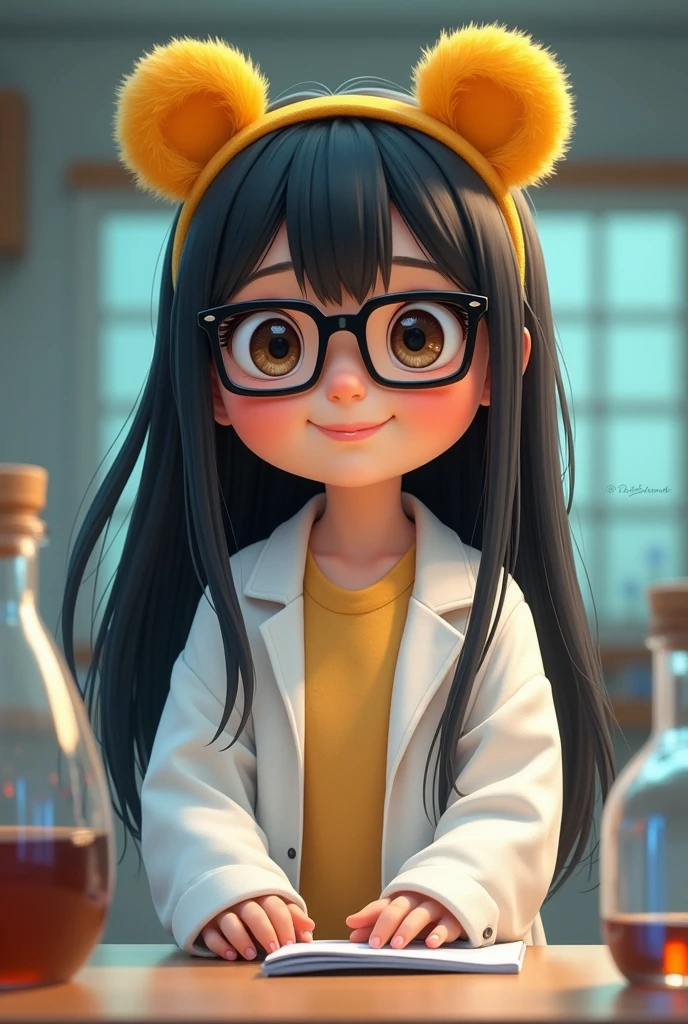  child black square glasses smart straight black hair long hair big cute face with yellow bear ears headband lab coat clothes 