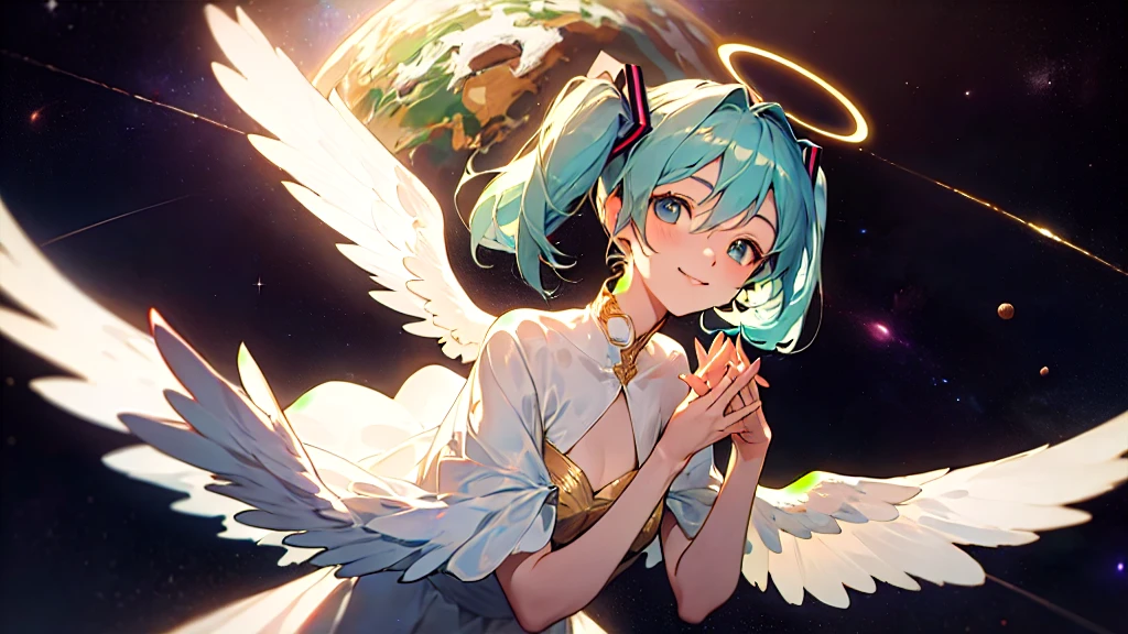 Masterpiece, Highest quality,best detail, big　hatsune miku,smile, White gown, Angel, Angel wings, Golden halo, Upper Body,Small Earth,embrace the earth with both hands, Looking at the Earth, Space Background