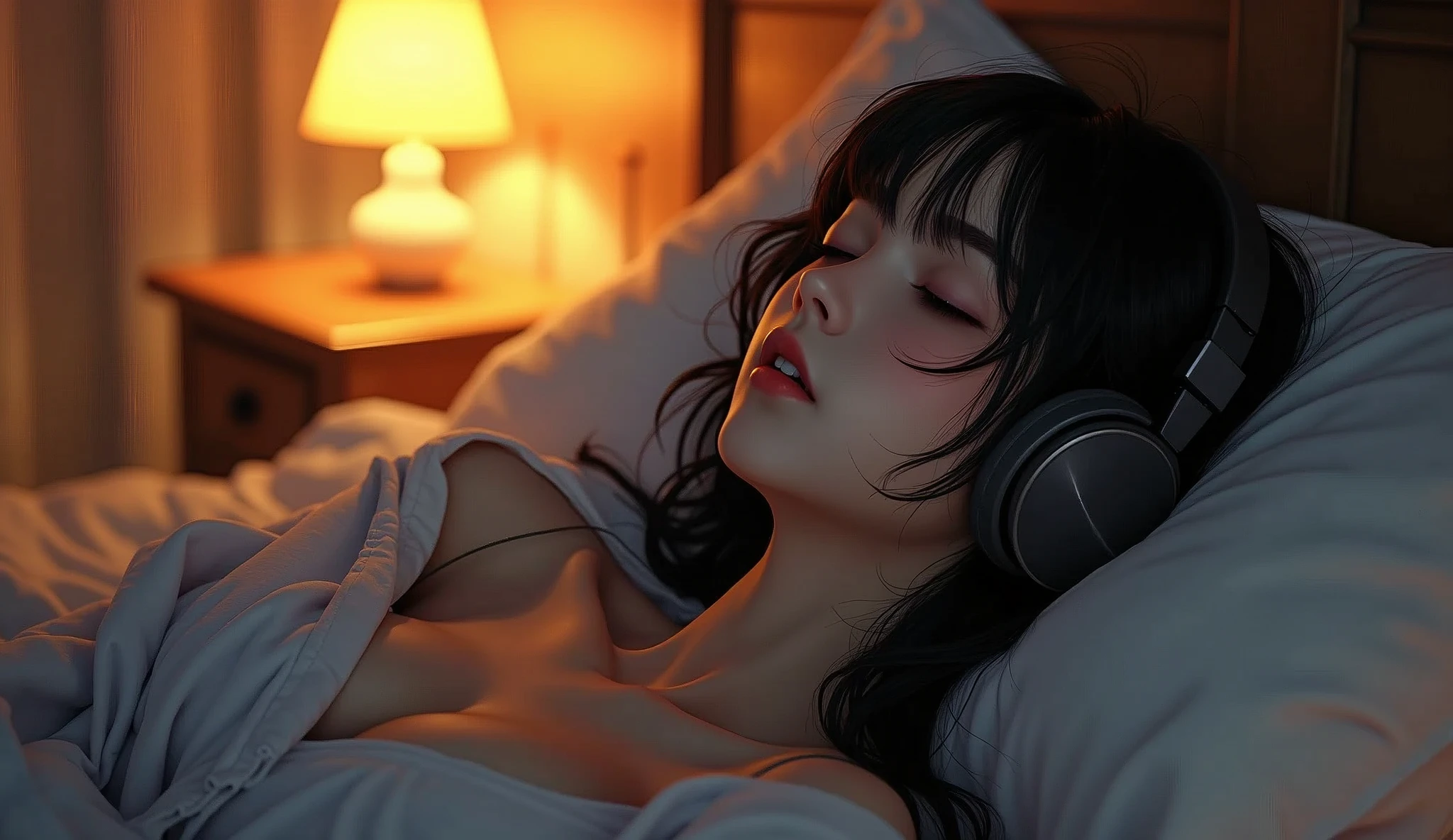 a girl lying in bed in a cozy room, listening to music at night, wearing headphones, 2D anime style, lo-fi, detailed background, cinematic lighting, soft colors, fine details, ( close your eyes), big breasts, wearing a revealing shirt, beautifully detailed lips, extremely detailed face, elegant posture, warm atmosphere, glowing table lamp, vintage aesthetic, detailed ears Beautiful details, realistic textures, detailed shadows, outstanding highlight details, vivid colors, dreamlike mood, optics, (best quality, 8k, high resolution, masterpiece: 1.2) , super detailed, (realistic, optical, photo-realistic :1.37)