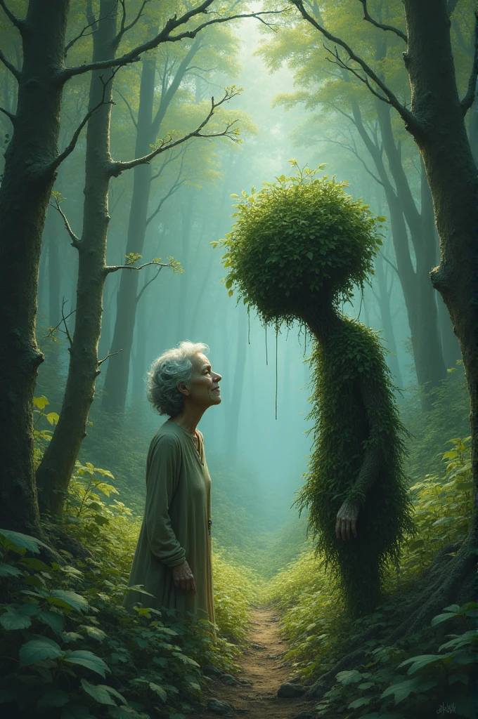Old woman sees two crying infantile bushes in the forest