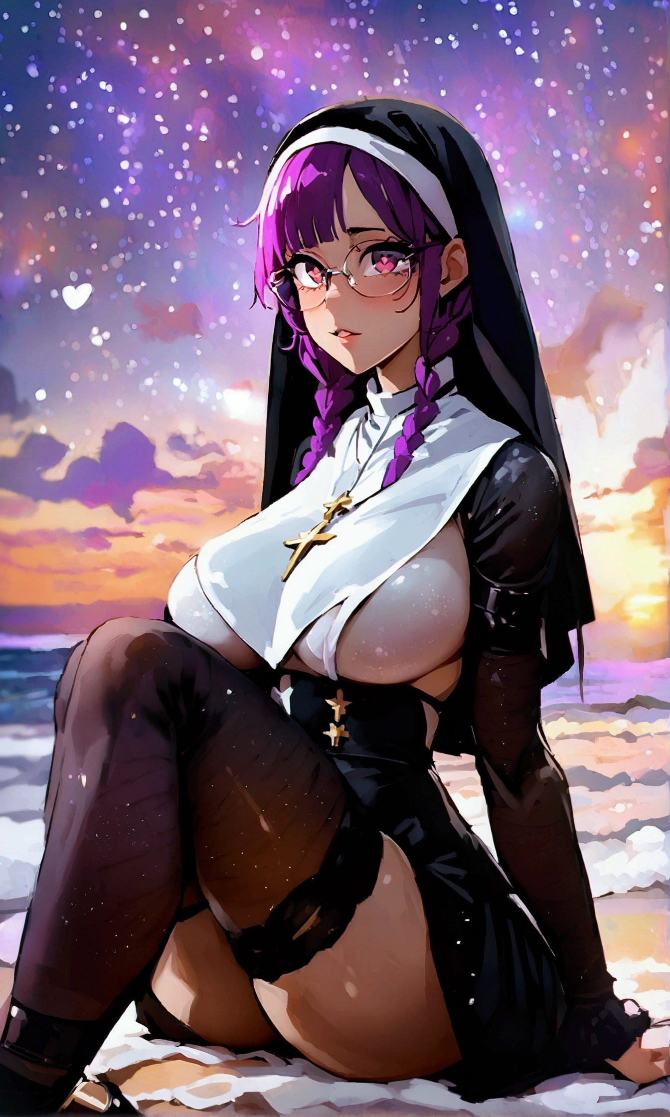 (masterpiece), best quality, beautiful and perfect woman, heart-shaped pupils, beautiful wide thighs, big breasts, big butt, long legs, nun costume, arm warmers, long legs, glasses, thigh ring, slim waist, beautiful night with stars, beautiful beach, platform heels, deep purple hair, short hair with two huge braids, hair with bangs, muscular.