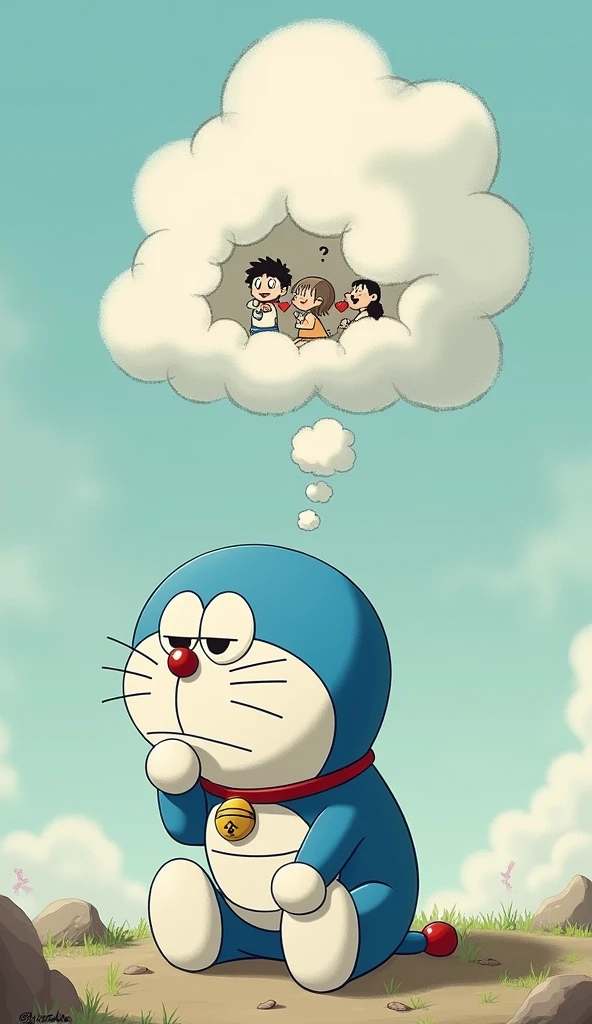 Doraemon sat lost in thought, reflecting on the unexpected and unforgettable adventure., 
Create a thought cloud 