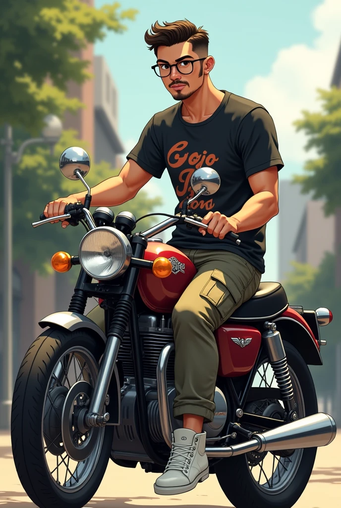 A rs old with beared and mustache, french crop hair, a round shaped glass, brown shin, black Gojo Satoru T-shirt, with cargo pant and white sneakers, smiling with attitude, sitting on a continental gt 650