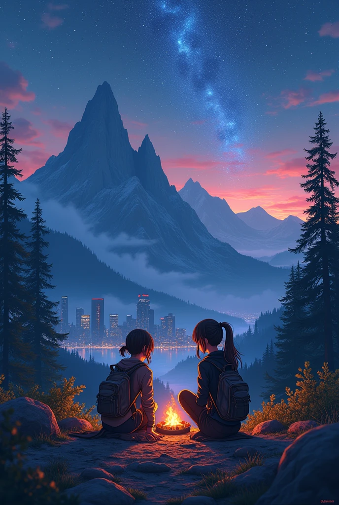 2 girls, wearing rock clothes, camping on a mountain, a dark city behind them, and a starry sky, 4k hd, Anime, cyberpunk
