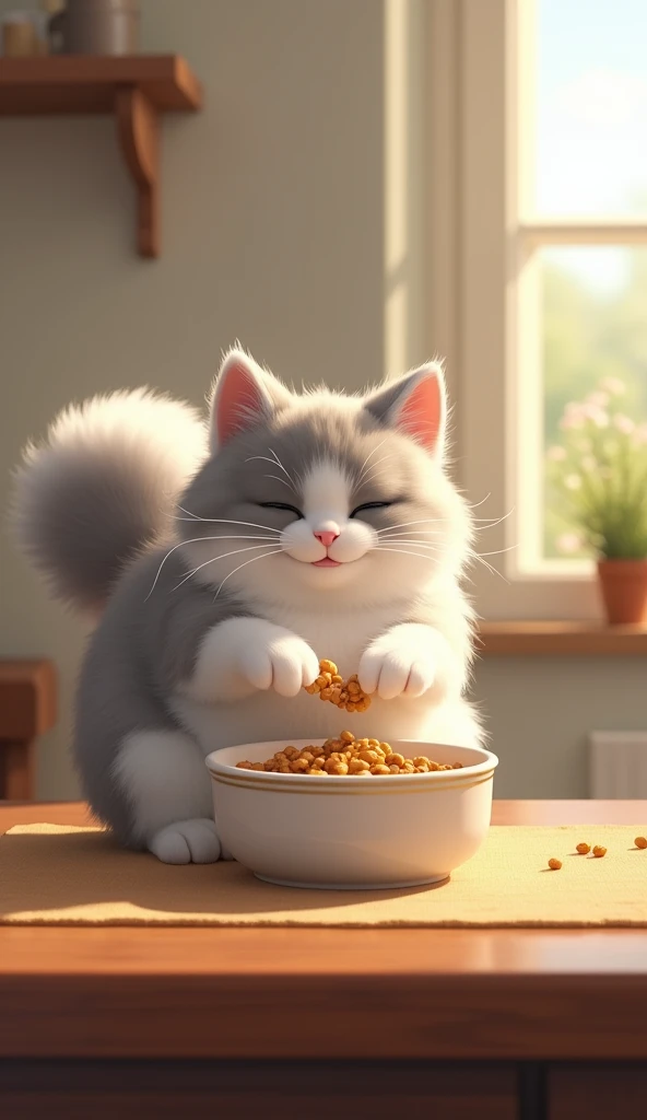 A fluffy cat named Whiskers eating breakfast from a bowl."