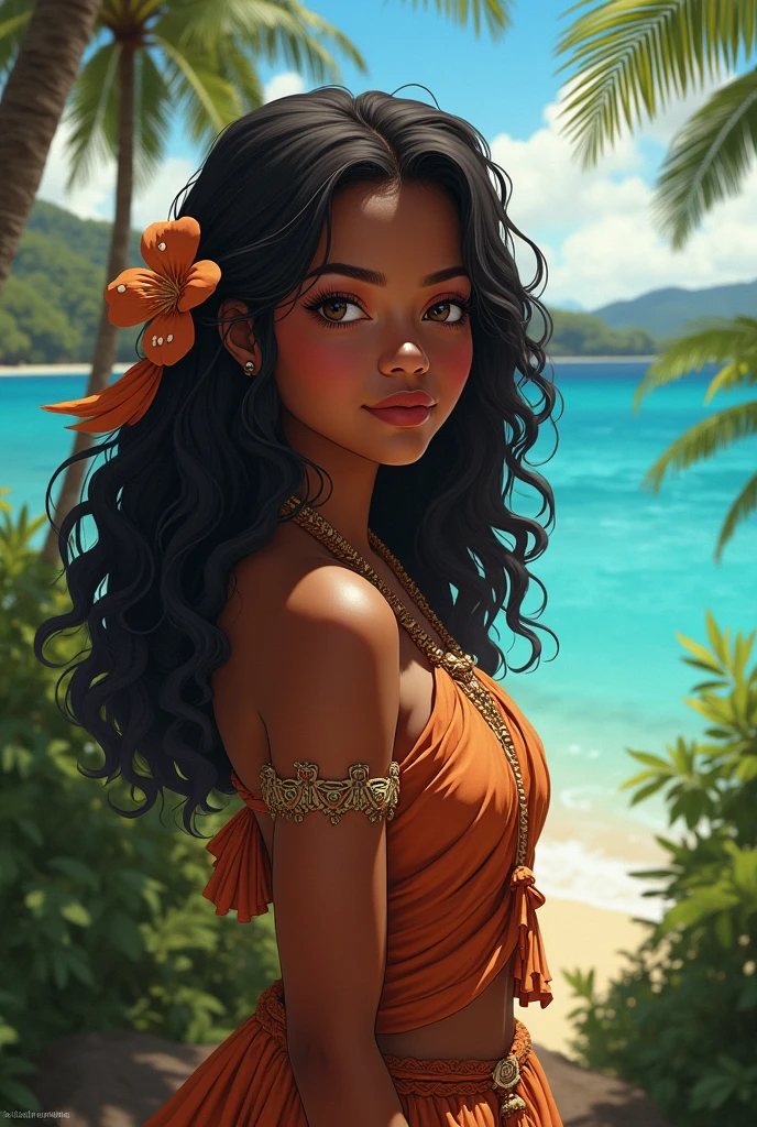 REALISTIC IMAGE, BEAUTIFUL WOMAN, BIKINI, RED CLOTHES, MOTOUI MOANA, BEACH, PALM TREES, ISLAND, BLUE STONE NECKLACE, YOUNG, DISNEY MOANA, HAWAIIAN WOMAN, INDIGENOUS, SIMPLE, FLOWER ON HEAD --auto --s2