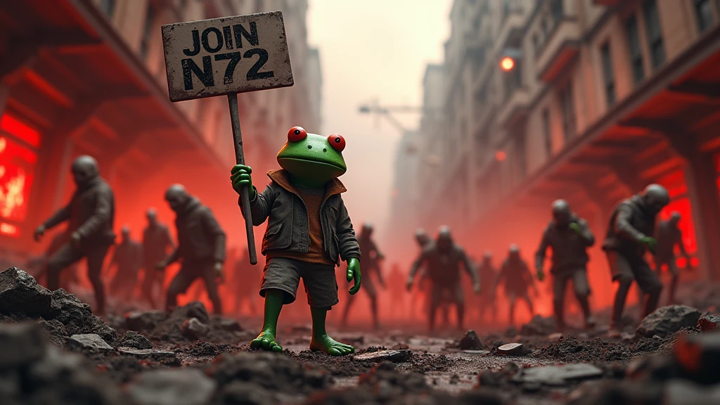A CGI scene of a pepe the frog zombie apocalypse, with intense action and tension. Survivors are battling undead, surrounded by a chaotic cityscape in ruins. Pepe the frog is the main character, holding a sign that says "DON'T JOIN N72". The lighting is dramatic with dark shadows, intense contrast, and dark red tones. Created using high-resolution CGI rendering, cinematic composition, gritty textures, dynamic poses, realistic zombie details, epic atmosphere, and detailed post-apocalyptic setting.