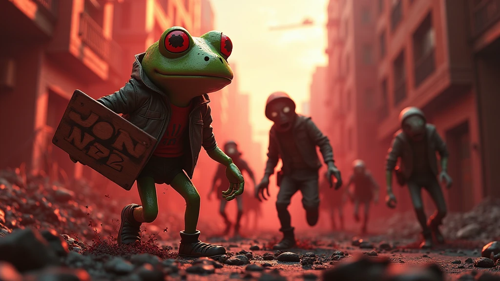 /imagine prompt:A CGI scene of a zombie apocalypse, with intense action and tension. Survivors are battling undead, surrounded by a chaotic cityscape in ruins. Pepe the frog is the main character, holding a sign that says "JOIN N72". The lighting is dramatic with dark shadows, intense contrast, and red tones. Created using high-resolution CGI rendering, cinematic composition, gritty textures, dynamic poses, realistic zombie details, epic atmosphere, and detailed post-apocalyptic setting. 