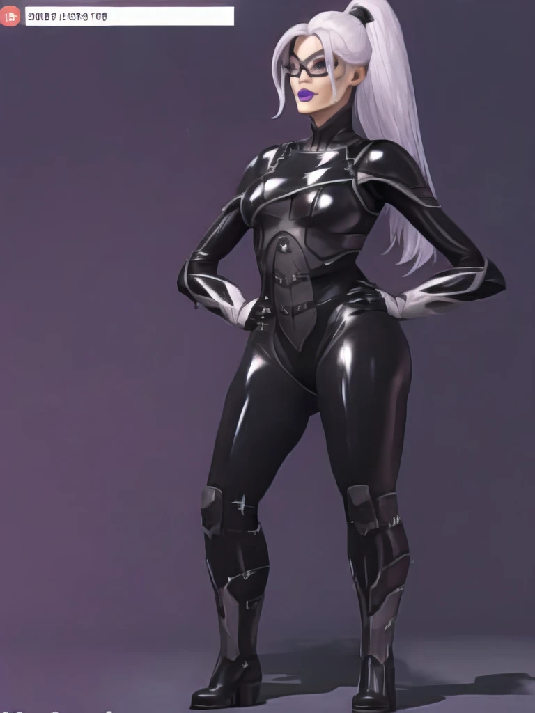 Bowei, feliciacat, 1girl, full body, bodysuit, detail eyes, mask , solo, long hair, lips, white hair, ponytail, black bodysuit , looking at viewer, simple background, gloves, black background, mole under mouth, eyeshadow, hands on hips, black bodysuit,leather, latex, purple lips, 8k detailed,