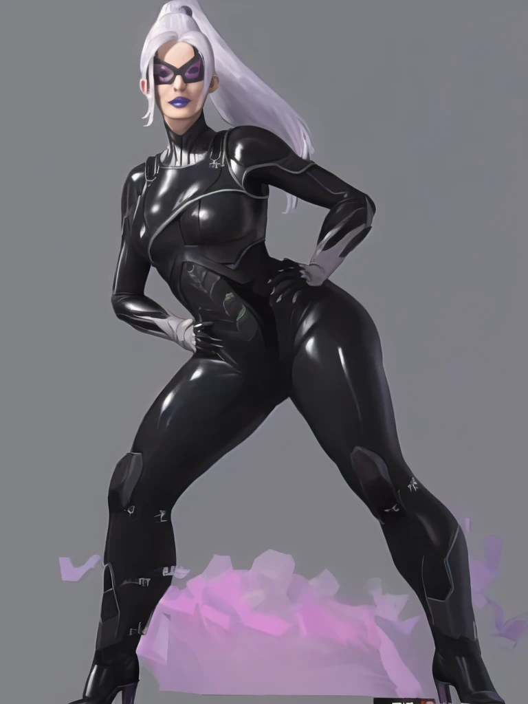 Bowei, feliciacat, 1girl, full body, bodysuit, detail eyes, mask , solo, long hair, lips, white hair, ponytail, black bodysuit , looking at viewer, simple background, gloves, black background, mole under mouth, eyeshadow, hands on hips, black bodysuit,leather, latex, purple lips, 8k detailed,