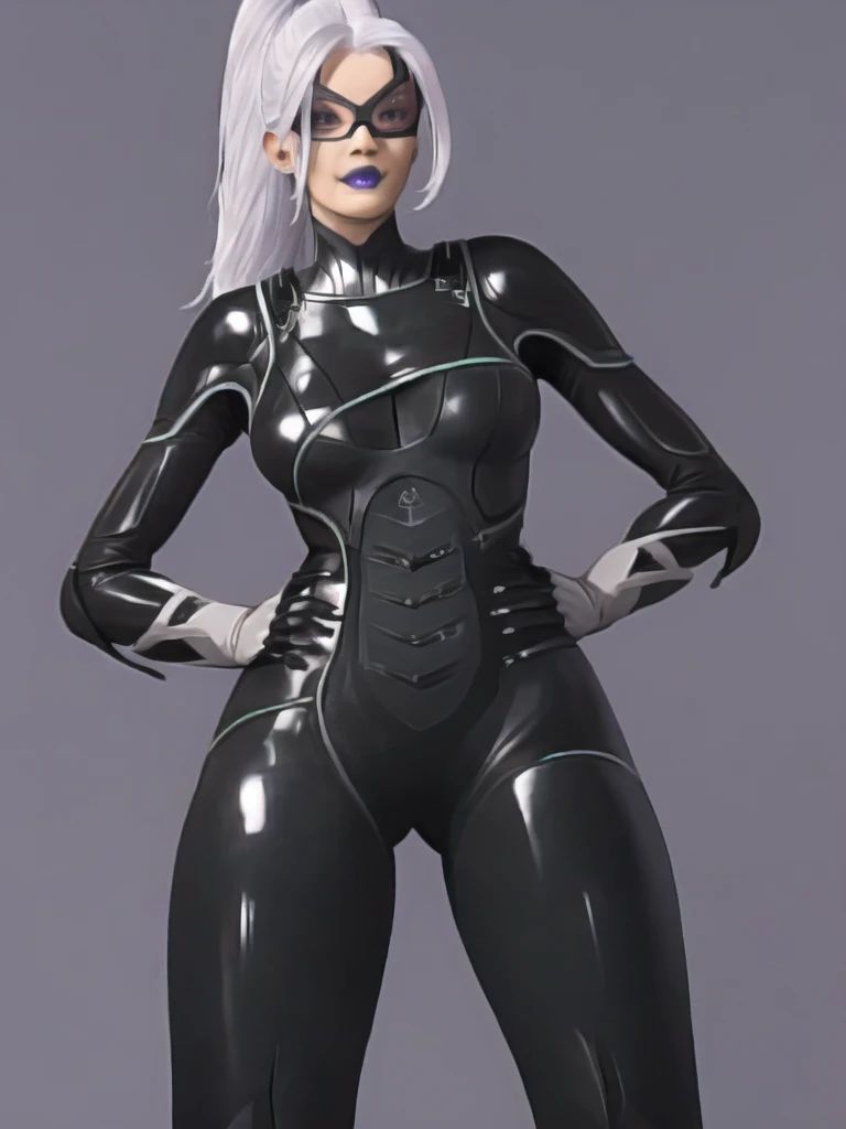 Bowei, feliciacat, 1girl, full body, bodysuit, detail eyes, mask , solo, long hair, lips, white hair, ponytail, black bodysuit , looking at viewer, simple background, gloves, black background, mole under mouth, eyeshadow, hands on hips, black bodysuit,leather, latex, purple lips, 8k detailed,