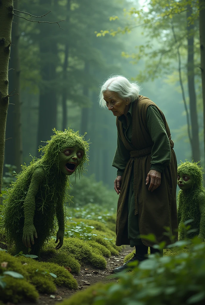 Old woman sees two crying infantile bushes in the forest