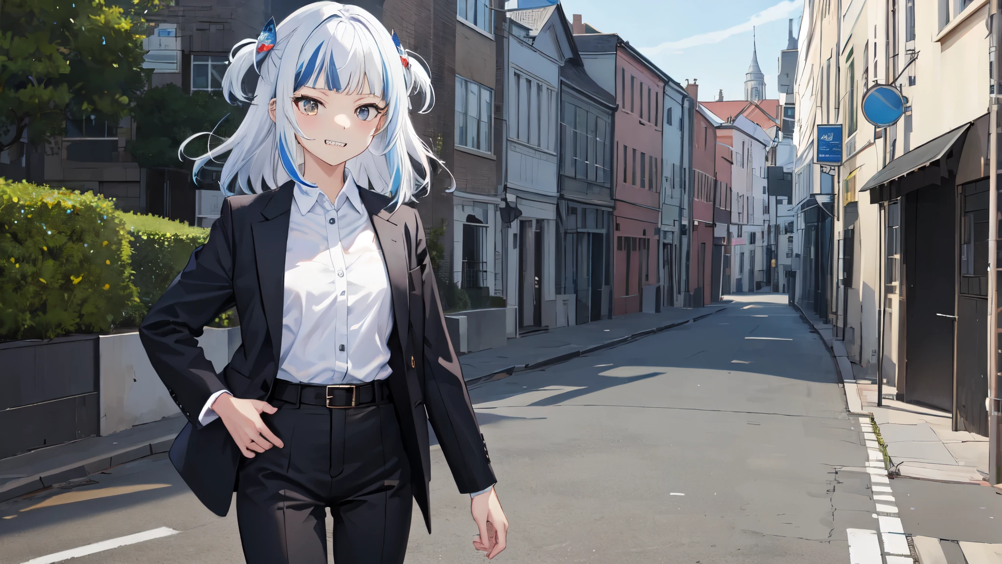 gawr gura, 1girl,solo,white shirt, collared shirt,  small breasts, shirt tucked in,formal, black pant,  long sleeves, gray hair, hair ornaments,two side up, streaked hair, sharp teeth, outdoors, belt, suit, business women