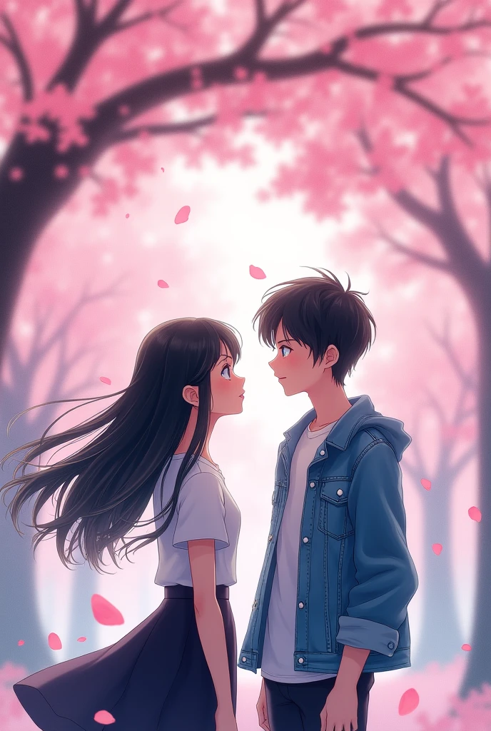 a girl wearing white shirt and black skirt looking at the cherry bloosm tree and the boy wearing white T-shirt and blue denim jacket looking at the girl. Girl having black and long hair and blue eyes. And boy having Black hairs and blue eyes. Standing. The background is full of petals and pink