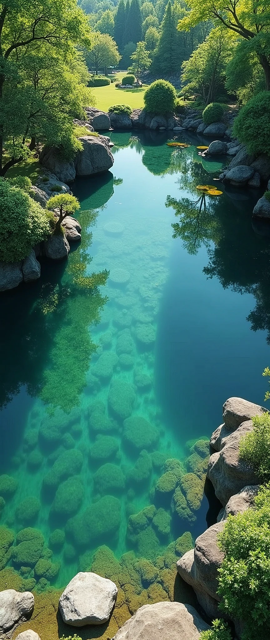 (masterpiece:1.2,Highest quality,Ultra-high resolution,Very detailed,Realistic,Ultra-high resolutionのカメラ),8k,wallpaper,(Shooting the pond from above),(A detailed depiction of the pond bottom with the water surface reflections removed.:2.0),sunny,Japanese garden,Serene landscape,Healing