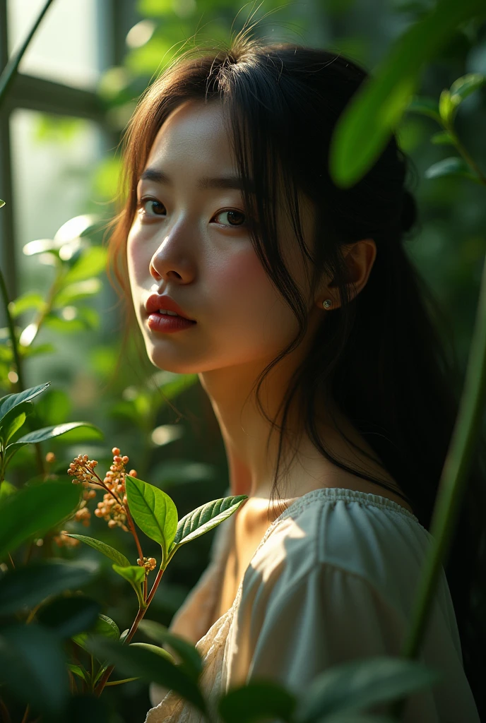 (masterpiece), Realistic, Cinematic Light,Made with fresh plants,the scene's lighting highlights the girl's features、adding depth to the overall composition。. The Cinematic Light casts intriguing shadows, emphasizing the plant's outlines、giving the image a dramatic atmosphere.