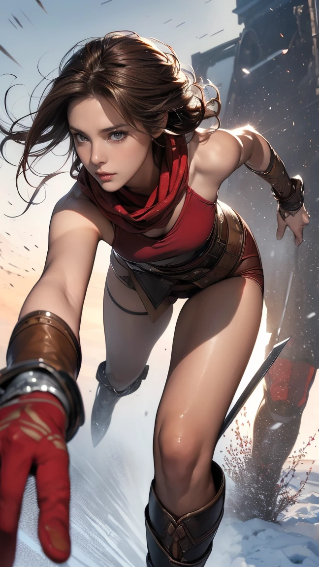 ((Highest quality,4K,High resolution,masterpiece:1.2)),((Character Concept Art)), 1 female, 20-year-old women, ((Shoulder-length brown hair、Hair curled loosely inwards)), (Skin as white as snow), Very detailed eyes (Brown Eye Color), have confidence, beautiful, slim body build, Big Breasts、((Intricate details)), Very finely crafted needles, Very finely crafted fingers(((10 fingers))),(Full-body showcase), (Show whole body),A shy smile、portrait of a woman warrior, rpg portrait concept art, (beautiful warrior, holding short sword and small shield, Wearing a red scarf, leather armor), ((in the terrible battle field_ running towards us at full speed.:1.5))))