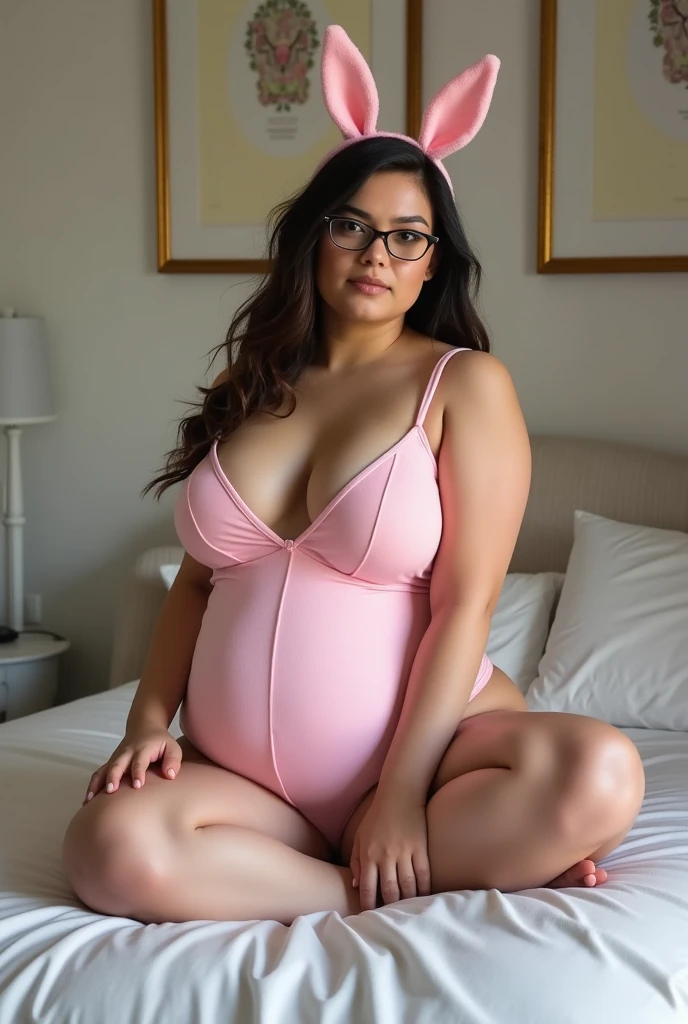 realistic, quality photo, HD, girl, chubby, big round breasts, pink pussy, bunny girl outfit, wearing black high heels, sitting on bed, sexy face, wearing glasses, no pants