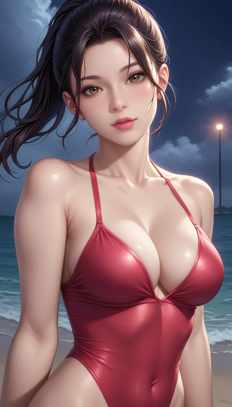 score_9, score_8_superior, score_7_superior, High-resolution CG illustration,A masterpiece in 32K resolution,Highest quality,it is really amazing,Very detailed,Ultra-high resolution,Ultra-realistic,Realistic,Increased depth of field,Cinematic lighting,
Sexy mature Japan woman,
Long black hair,Showing his forehead,Ultra-detailed and beautiful face,Calm and gentle look,Beautiful brown eyes,Translucent white skin,Realistic skin texture,Great proportions,
Elegant red swimsuit,
Simple design,Chic color scheme based on red,Detailed fabric texture,
(Dark overcast sky on a dull night:1.1),(Dark clouds filling the sky:1.1),Thundercloud,Coastline at night,Stormy seas,delay々A desolate sandy beach that continues,
(Beautiful cleavage:1.1),High angle,