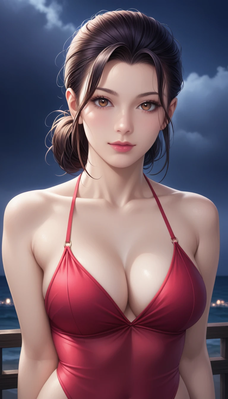 score_9, score_8_superior, score_7_superior, High-resolution CG illustration,A masterpiece in 32K resolution,Highest quality,it is really amazing,Very detailed,Ultra-high resolution,Ultra-realistic,Realistic,Increased depth of field,Cinematic lighting,
Sexy mature Japan woman,
Long black hair,Showing his forehead,Ultra-detailed and beautiful face,Calm and gentle look,Beautiful brown eyes,Translucent white skin,Realistic skin texture,Great proportions,
Elegant red swimsuit,
Simple design,Chic color scheme based on red,Detailed fabric texture,
(Dark overcast sky on a dull night:1.1),(Dark clouds filling the sky:1.1),Thundercloud,Coastline at night,Stormy seas,delay々A desolate sandy beach that continues,
(Beautiful cleavage:1.1),High angle,