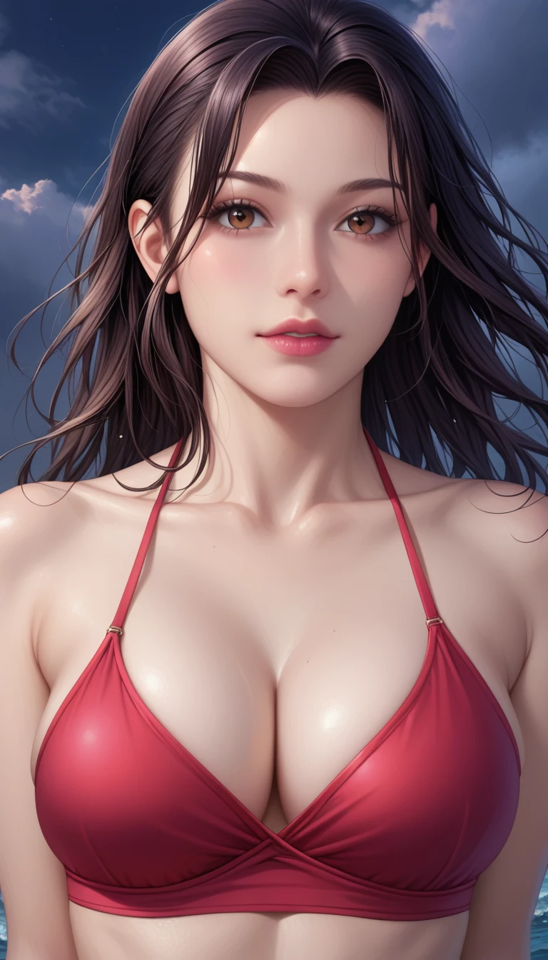 score_9, score_8_superior, score_7_superior, High-resolution CG illustration,A masterpiece in 32K resolution,Highest quality,it is really amazing,Very detailed,Ultra-high resolution,Ultra-realistic,Realistic,Increased depth of field,Cinematic lighting,
Sexy mature Japan woman,
Long black hair,Showing his forehead,Ultra-detailed and beautiful face,Calm and gentle look,Beautiful brown eyes,Translucent white skin,Realistic skin texture,Great proportions,
Elegant red swimsuit,
Simple design,Chic color scheme based on red,Detailed fabric texture,
(Dark overcast sky on a dull night:1.1),(Dark clouds filling the sky:1.1),Thundercloud,Coastline at night,Stormy seas,delay々A desolate sandy beach that continues,
(Beautiful cleavage:1.1),High angle,