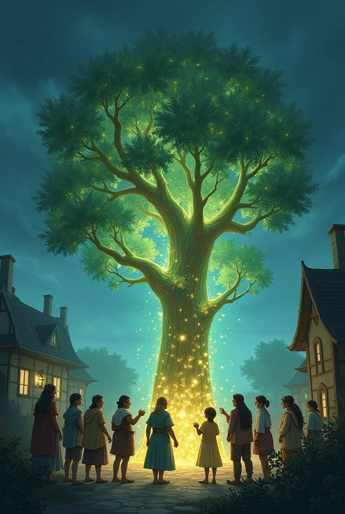 A group of curious villagers standing around the Magic Tree. Some are reaching out to touch its trunk, while others are discussing in amazement. The tree glows softly, with magical sparkles in the air.