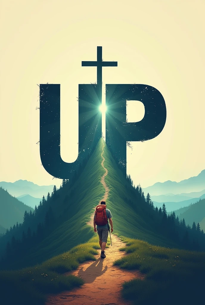 A poster named LEVEL - UP, the p  of  UP converting to a cross 

With a person trekking towards the cross on top