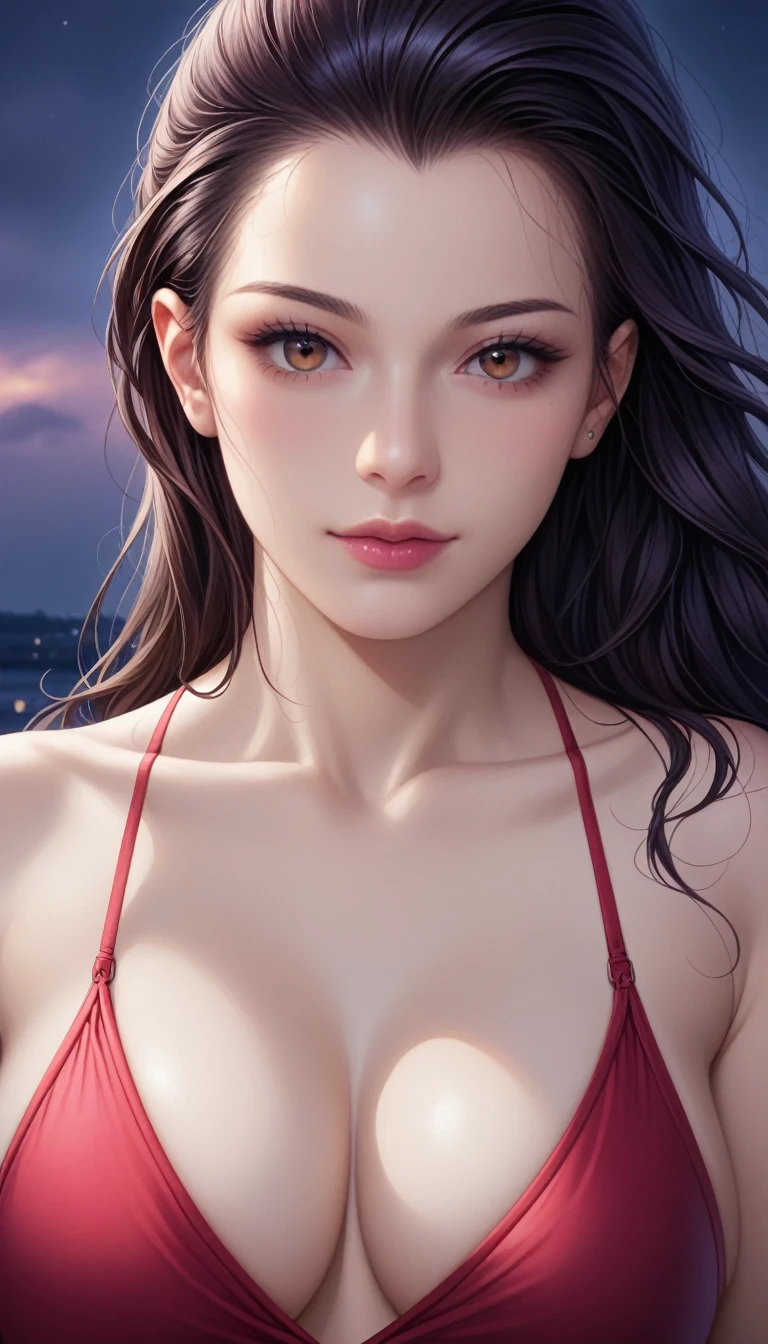 score_9, score_8_superior, score_7_superior, High-resolution CG illustration,A masterpiece in 32K resolution,Highest quality,it is really amazing,Very detailed,Ultra-high resolution,Ultra-realistic,Realistic,Increased depth of field,Cinematic lighting,
Sexy mature Japan woman,
Long black hair,Showing his forehead,Ultra-detailed and beautiful face,Calm and gentle look,Beautiful brown eyes,Translucent white skin,Realistic skin texture,Great proportions,
Elegant red swimsuit,
Simple design,Chic color scheme based on red,Detailed fabric texture,
(Dark overcast sky on a dull night:1.1),(Dark clouds filling the sky:1.1),Thundercloud,Coastline at night,Stormy seas,delay々A desolate sandy beach that continues,
(Beautiful cleavage:1.1),High angle,