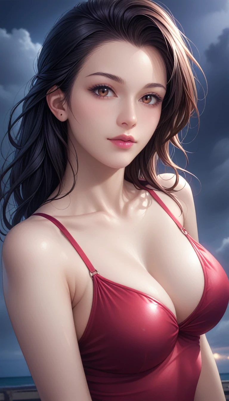 score_9, score_8_superior, score_7_superior, High-resolution CG illustration,A masterpiece in 32K resolution,Highest quality,it is really amazing,Very detailed,Ultra-high resolution,Ultra-realistic,Realistic,Increased depth of field,Cinematic lighting,
Sexy mature Japan woman,
Long black hair,Showing his forehead,Ultra-detailed and beautiful face,Calm and gentle look,Beautiful brown eyes,Translucent white skin,Realistic skin texture,Great proportions,
Elegant red swimsuit,
Simple design,Chic color scheme based on red,Detailed fabric texture,
(Dark overcast sky on a dull night:1.1),(Dark clouds filling the sky:1.1),Thundercloud,Coastline at night,Stormy seas,delay々A desolate sandy beach that continues,
(Beautiful cleavage:1.1),High angle,
