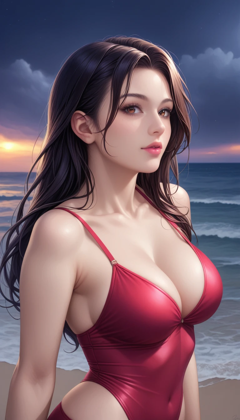 score_9, score_8_superior, score_7_superior, High-resolution CG illustration,A masterpiece in 32K resolution,Highest quality,it is really amazing,Very detailed,Ultra-high resolution,Ultra-realistic,Realistic,Increased depth of field,Cinematic lighting,
Sexy mature Japan woman,
Long black hair,Showing his forehead,Ultra-detailed and beautiful face,Calm and gentle look,Beautiful brown eyes,Translucent white skin,Realistic skin texture,Great proportions,
Elegant red swimsuit,
Simple design,Chic color scheme based on red,Detailed fabric texture,
(Dark overcast sky on a dull night:1.1),(Dark clouds filling the sky:1.1),Thundercloud,Coastline at night,Stormy seas,delay々A desolate sandy beach that continues,
(Beautiful cleavage:1.1),High angle,