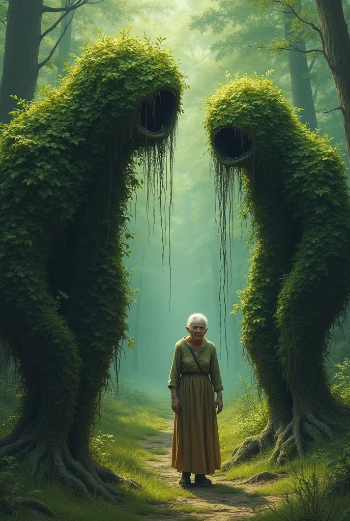 Old woman sees two crying infantile bushes in the forest