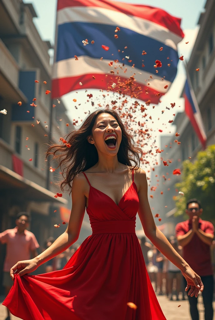 3d image of young woman in red dress Laughing like crazy, eating the house, eating the city, becoming the leader of the country under the Thai flag.
There are many people who are afraid.
The father stood and applauded with joy.
wear red clothes