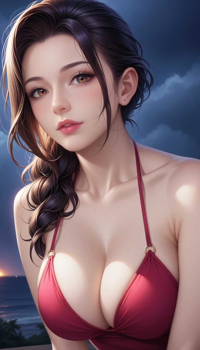 score_9, score_8_superior, score_7_superior, High-resolution CG illustration,A masterpiece in 32K resolution,Highest quality,it is really amazing,Very detailed,Ultra-high resolution,Ultra-realistic,Realistic,Increased depth of field,Cinematic lighting,
Sexy mature Japan woman,
Long black hair,Showing his forehead,Ultra-detailed and beautiful face,Calm and gentle look,Beautiful brown eyes,Translucent white skin,Realistic skin texture,Great proportions,
Elegant red swimsuit,
Simple design,Chic color scheme based on red,Detailed fabric texture,
(Dark overcast sky on a dull night:1.1),(Dark clouds filling the sky:1.1),Thundercloud,Coastline at night,Stormy seas,delay々A desolate sandy beach that continues,
(Beautiful cleavage:1.1),High angle,