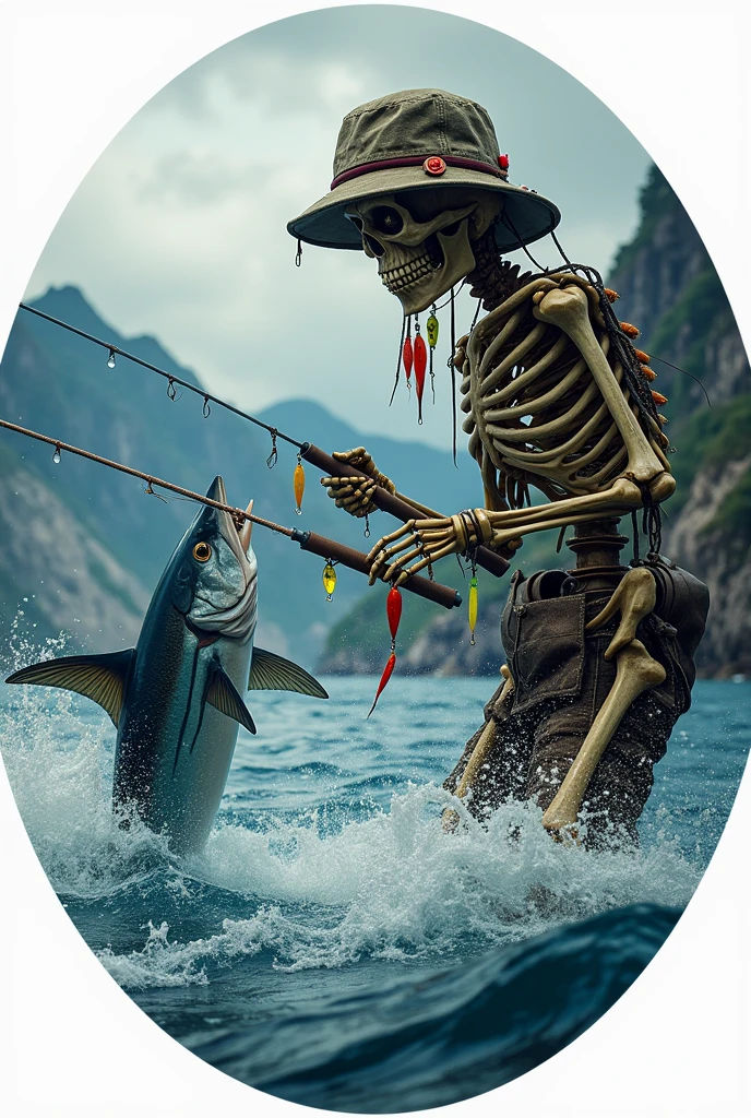 "A captivating round image showing a skeleton wearing a bucket hat adorned with fishing lures, fishing for a swordfish. The rod bends under the weight of the leaping swordfish against a backdrop of rugged mountains and a vast ocean, with the focus centered on the action, while the skeleton may extend beyond the circle."