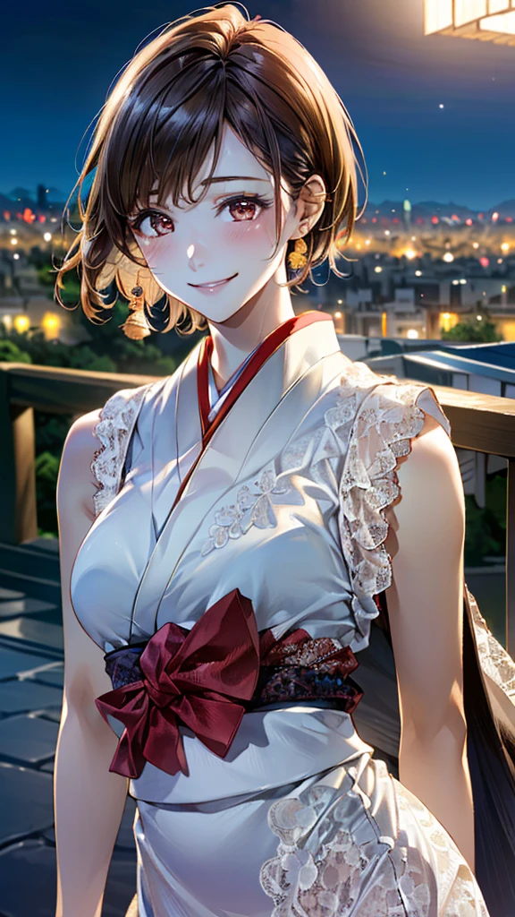 One Girl, (Sleeveless, Lace dress:1.6),(RAW Photos, Highest quality:1.4), (Realistic, photo-Realistic:1.4), masterpiece, Very delicate and beautiful, Very detailed, 2k wallpaper, wonderful, In detail, Very detailed CG unity 8k wallpaper, Very detailedな, High resolution, Soft Light, Beautiful detailed, Very detailed eyes and face, Beautiful and detailed nose, Beautiful attention to detail,Cinema Lighting,(Blurred,Bokeh Background:1.6),(city, night:2.0),Perfect Anatomy,(Slender body:1.0),(Face close-up,Focus Face:1.6),(Smiling Kindly,Friendly, warm:1.8),(View your audience:1.8), (short hair:1.6), (Japanese Idols:1.8), (Brown eyes:1.4),(Are standing:1.6),(Cleavage:0.8),