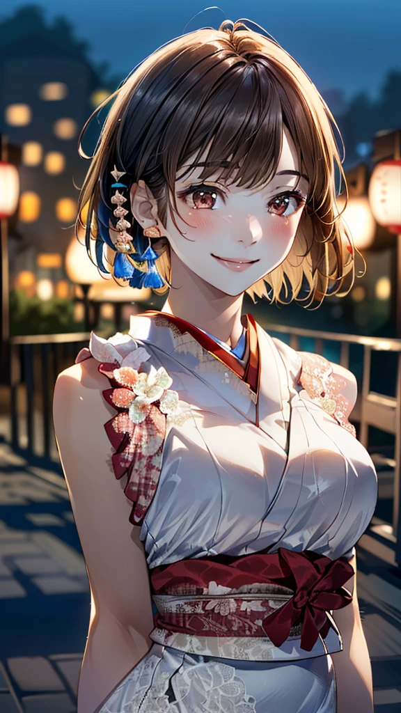 One Girl, (Sleeveless, Lace dress:1.6),(RAW Photos, Highest quality:1.4), (Realistic, photo-Realistic:1.4), masterpiece, Very delicate and beautiful, Very detailed, 2k wallpaper, wonderful, In detail, Very detailed CG unity 8k wallpaper, Very detailedな, High resolution, Soft Light, Beautiful detailed, Very detailed eyes and face, Beautiful and detailed nose, Beautiful attention to detail,Cinema Lighting,(Blurred,Bokeh Background:1.6),(city, night:2.0),Perfect Anatomy,(Slender body:1.0),(Face close-up,Focus Face:1.6),(Smiling Kindly,Friendly, warm:1.8),(View your audience:1.8), (short hair:1.6), (Japanese Idols:1.8), (Brown eyes:1.4),(Are standing:1.6),(Cleavage:0.8),