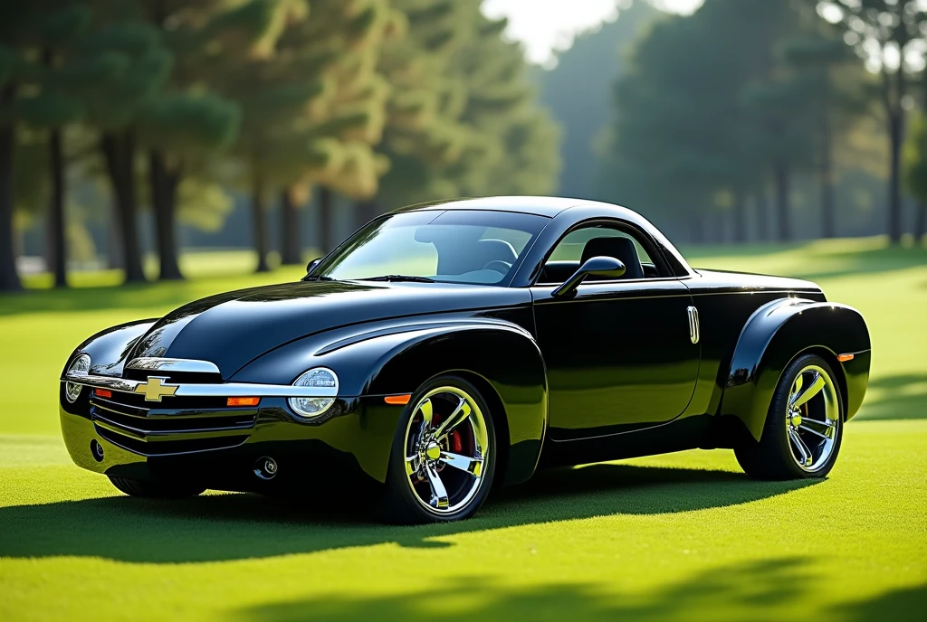 super prototype car Chevrolet SSR roadster, on golf field, with high - octane rendering, extremely high contrasts, and razor - sharp lines, Canon EOS 5D Mark IV Eye - level SoftRembrandtClose - up, 
HyperQuality, 8K Resolution, Ultra HD picture