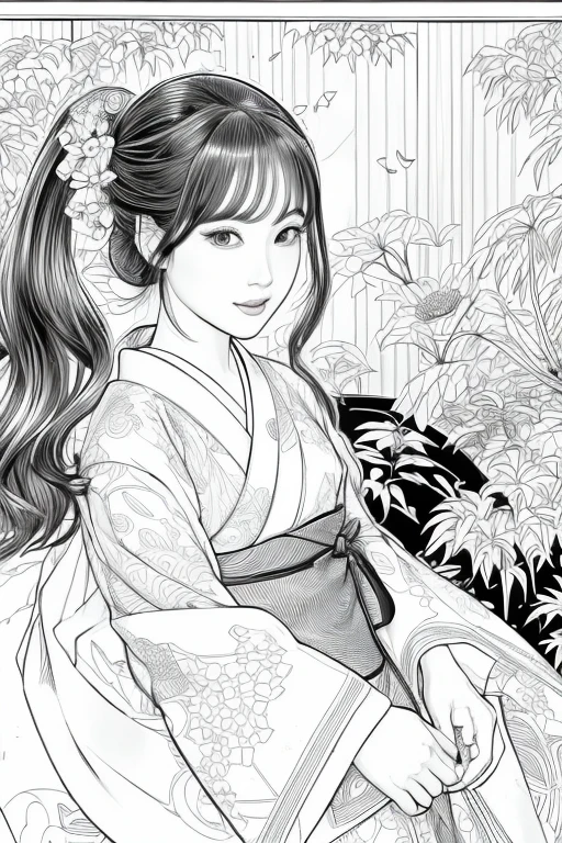 draw a cute Ukiyo-e illustration realistically, A woman dressed in a kimono poses gracefully々expressing Japanese culture. (against the backdrop of a Japanese garden:1.5), Using a simple black and white coloring page that even children can do,. The illustration is、with detailed facial features and a manga-style visual., (High Contrast, sketch, Monochrome, Clean line art for coloring books:1.5)