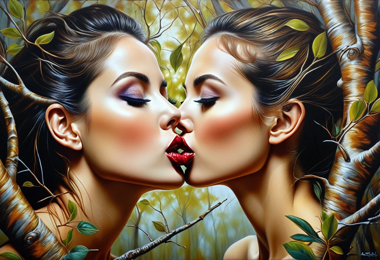 painting of two women's faces in a kiss, tree branches on faces, sensual painting, emotional surrealist art, Adrian Borda, art by Jana Briquet, kiss, Tony Sart, great art, mouth to mouth kiss, Nestor Canavarro hyperrealist, hyperrealist art, hyperrealist painting, Dino Valls, Jim Warren, amazing art, kissing