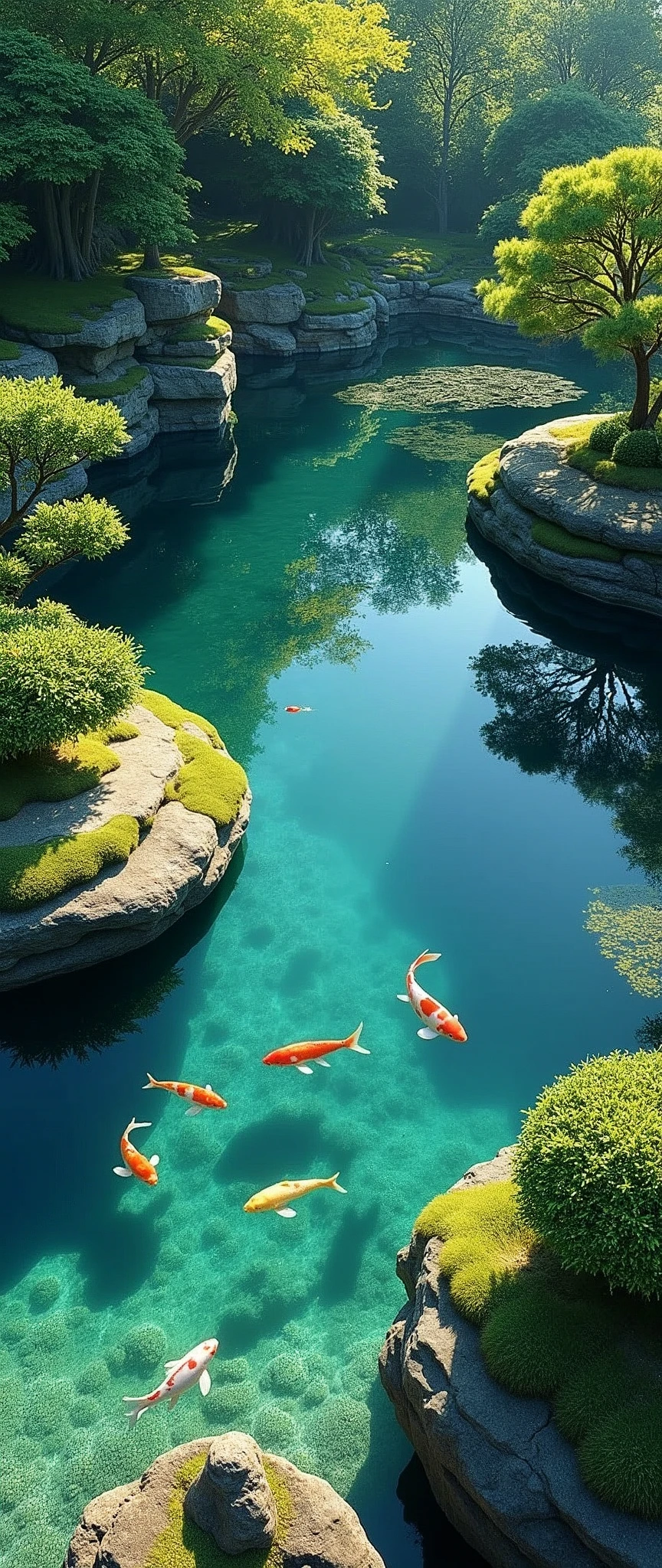(masterpiece:1.2,Highest quality,Ultra-high resolution,Very detailed,Realistic,Ultra-high resolutionのカメラ),8k,wallpaper,(Shooting the pond from above),(A detailed depiction of the pond bottom with the water surface reflections removed.:2.0),sunny,Japanese garden,Serene landscape,Healing